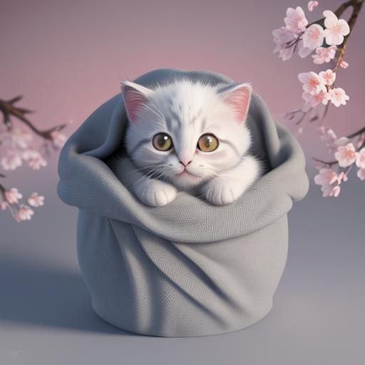 Cute Kitten in Cherry Blossoms: 3D Digital Art