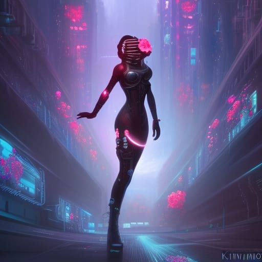 Cyberpunk Woman with Roses in Digital Art Style