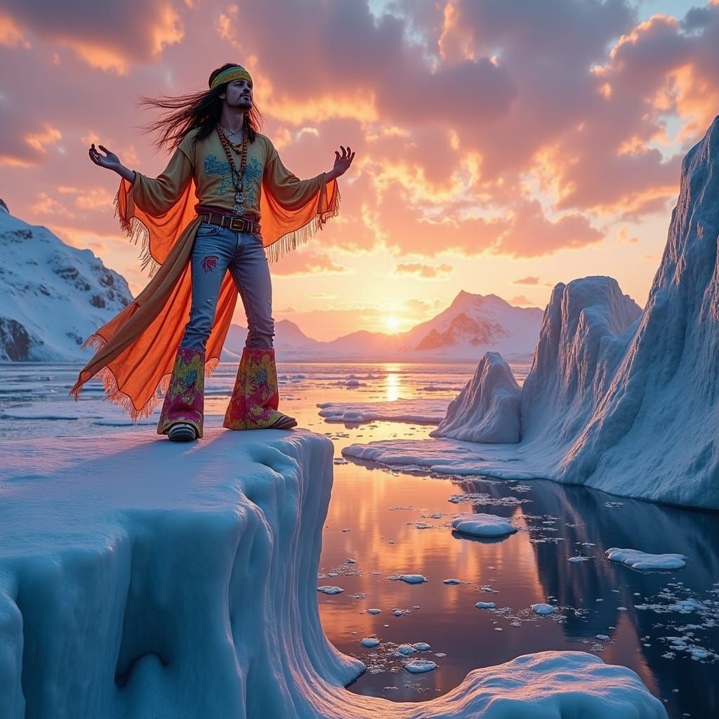 Hippie Sings at Antarctic Sunset in Fantasy Art Style