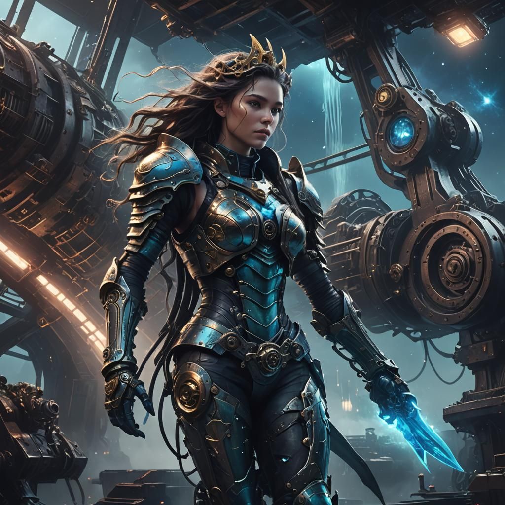 Armored Mermaid Piloting Spaceship in Science Fantasy Art