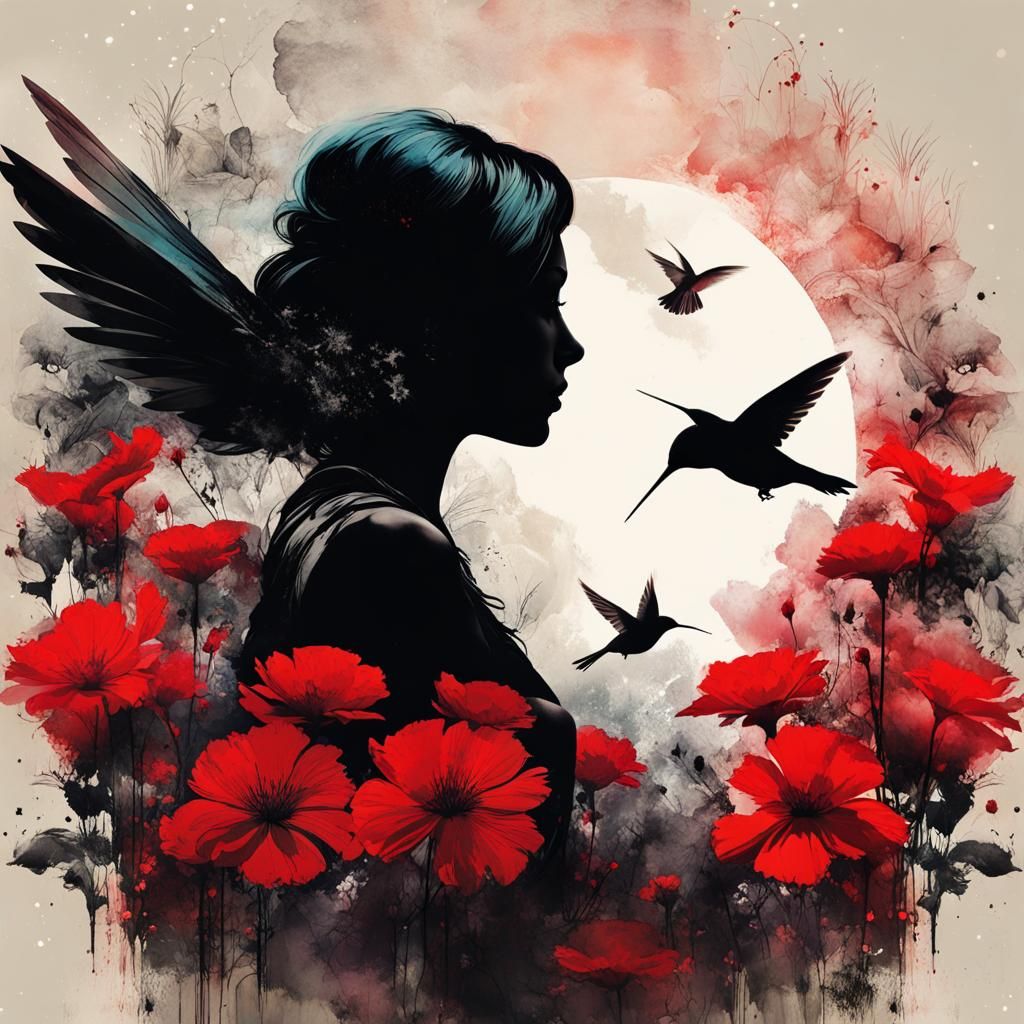 Double Exposure Bird Silhouette with Flowers
