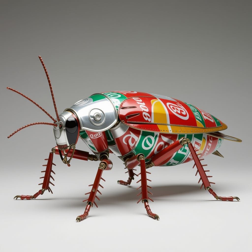 Soda Can Cockroach Sculpture in Assemblage Art Style