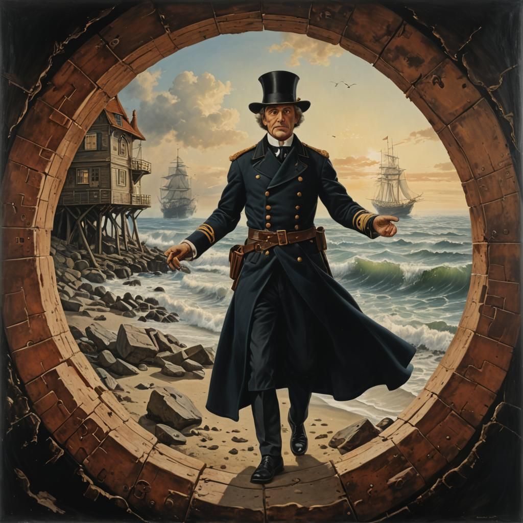 Photorealistic Time Traveler at Portal to Another World