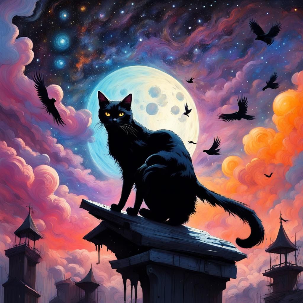 Black Cat Raven Ride: Frazetta-Style Fantasy Art