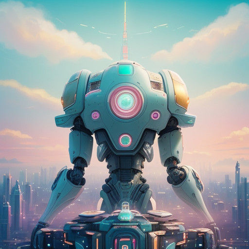 Futuristic Robot Girl in Dreamy Pastel Cityscape