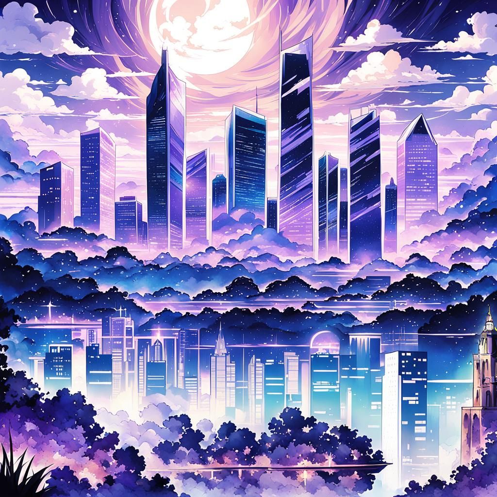 Vibrant Amethyst Skyline in Anime Style