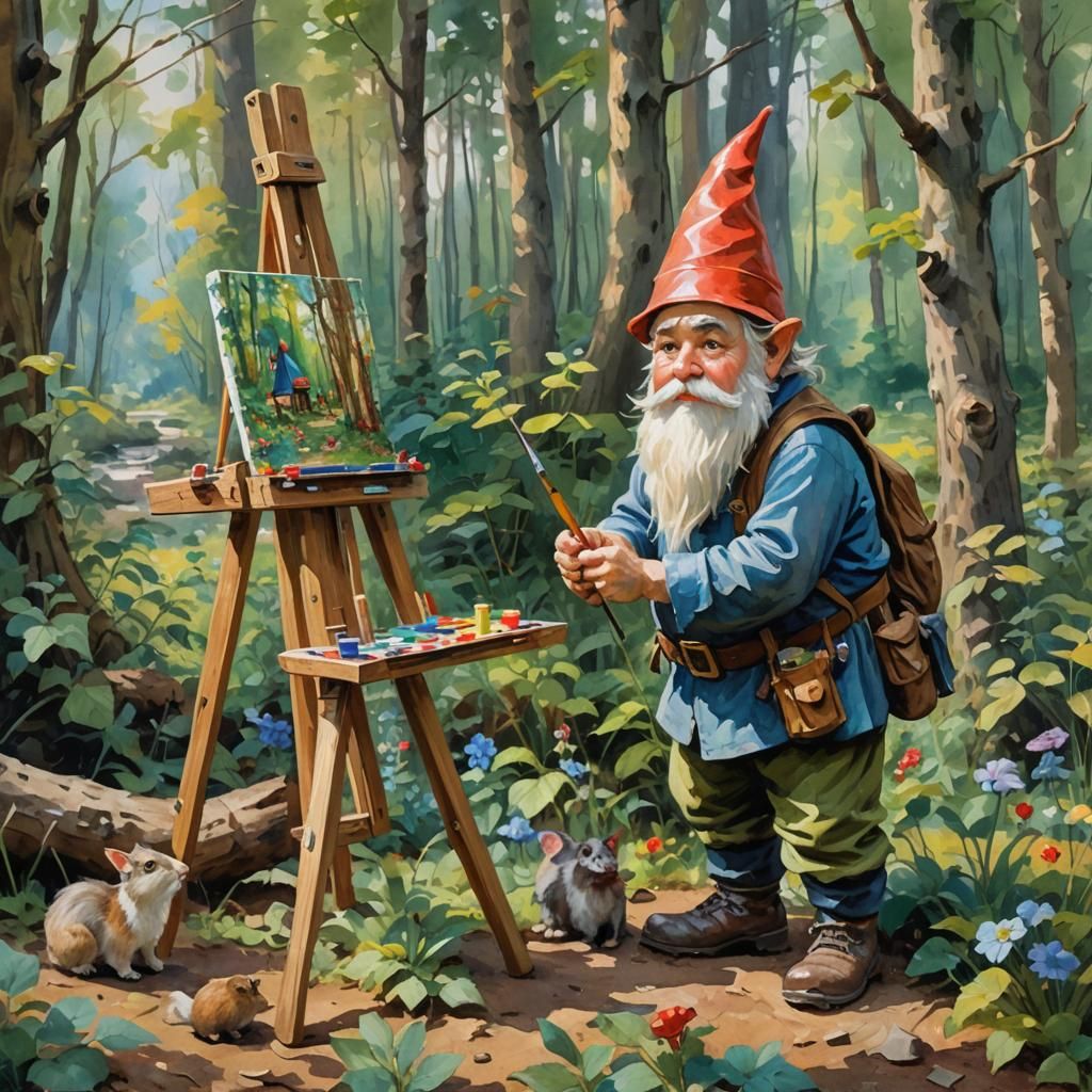 Gnome Painter in Forest: Impressionist Gouache Style