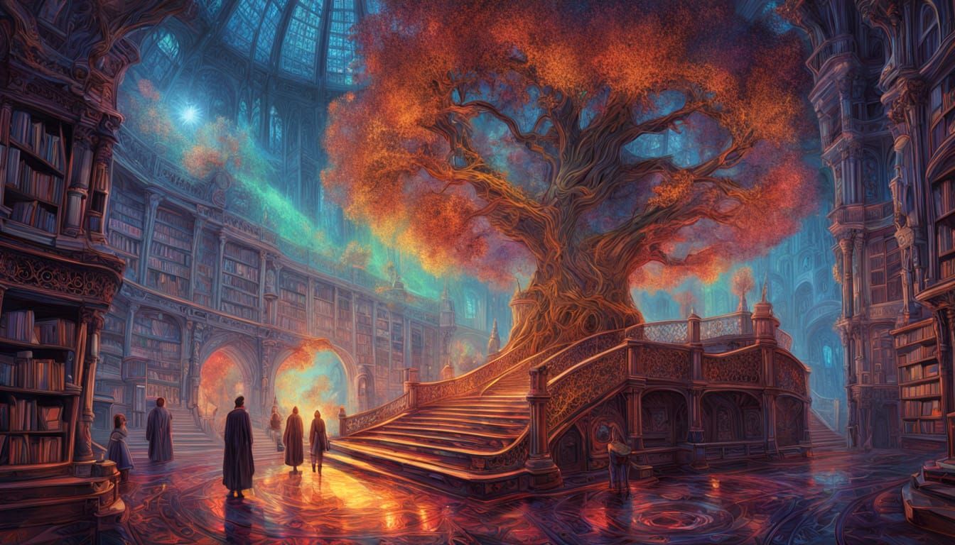 Colossal Treehouse Library in Holographic Astral Style