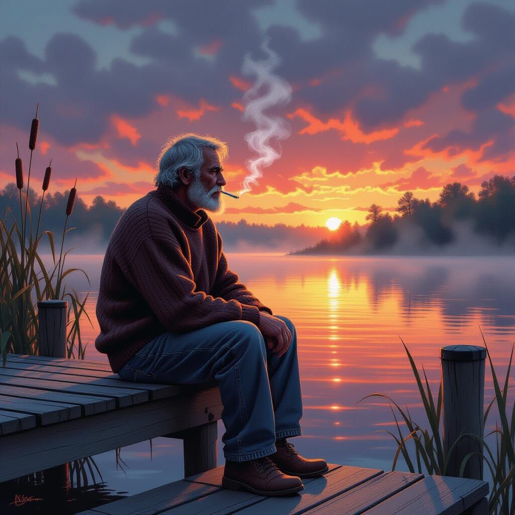 Fisherman at Sunset in Hyperrealistic Comic Style