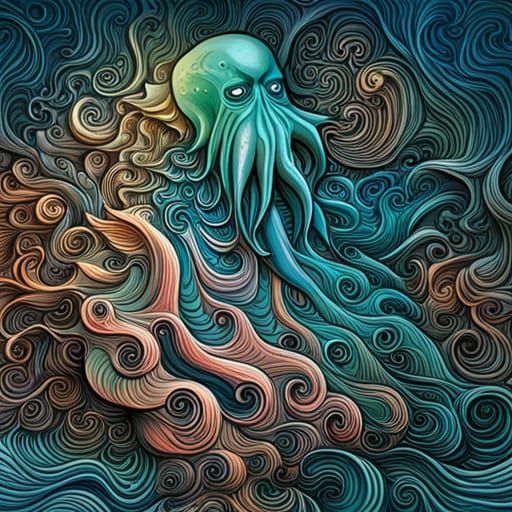Colorful Cthulhu Digital Sculpture Rising from the Ocean