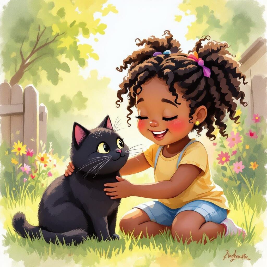 Girl and Cat in Watercolor Style