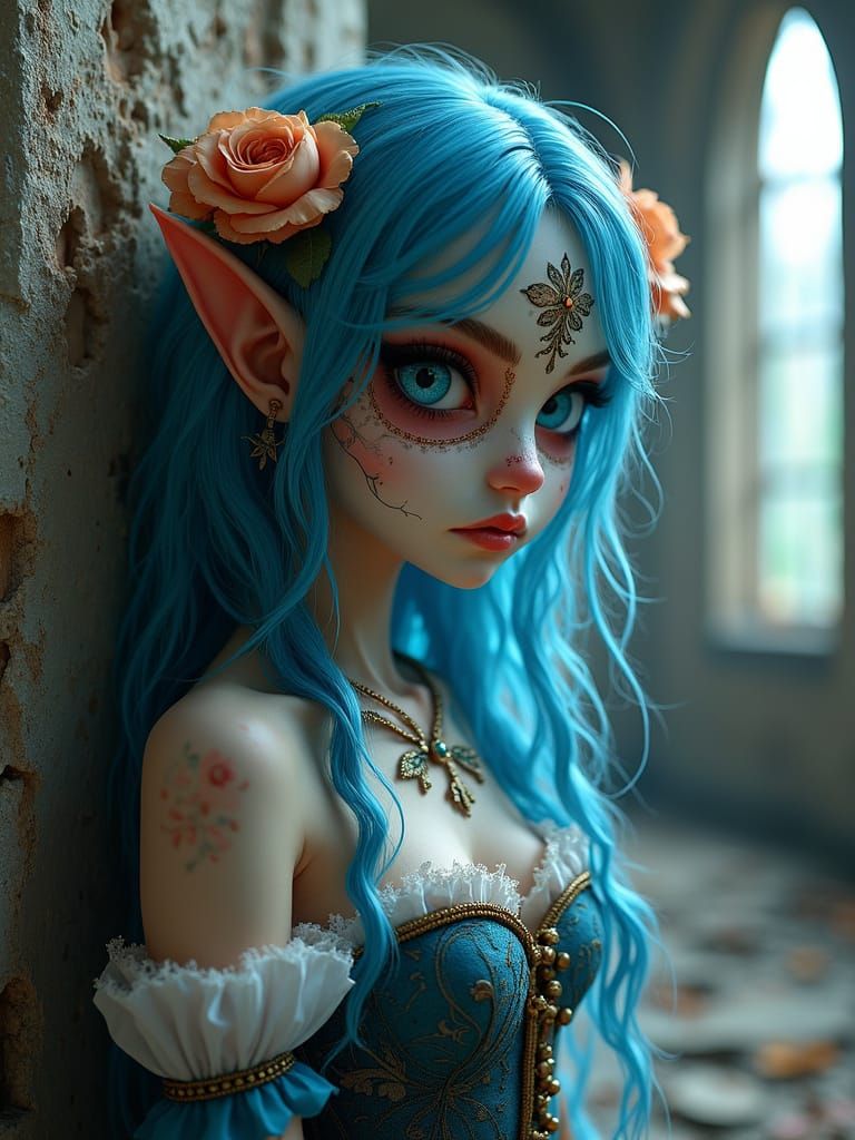 Sugar Skull Elf in Victorian Corset, Day of the Dead