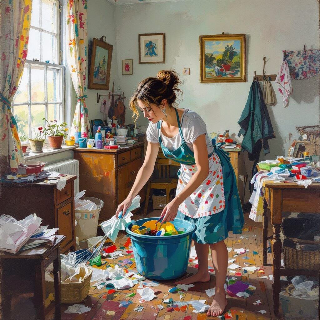 Frantic Cleaning: A Domestic Scene in Vivid Colors
