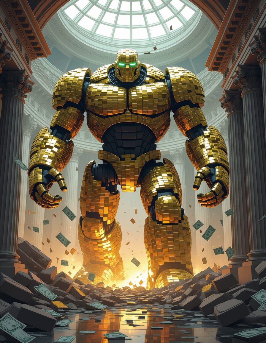 Golden Golem Guards Bank Vault in Sci-Fi Style