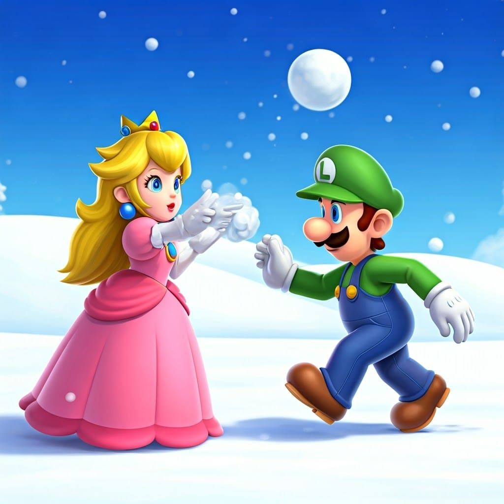 Princess Peach Throws Snowballs at Mario and Luigi in Winter...