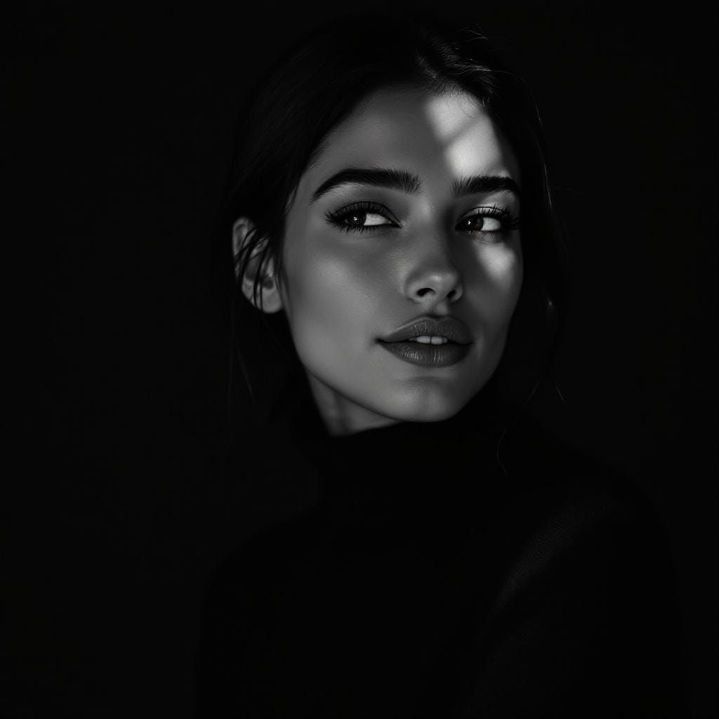 Create a high-contrast black-and-white portrait reminiscent ...