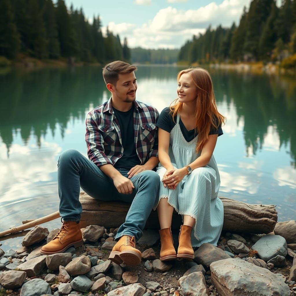 Serene Lake Scene with Figures in Golden Light