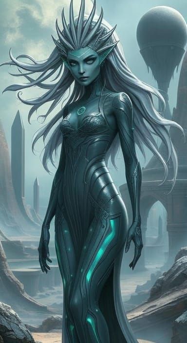 Alien Queen in Ancient Ruins: Vibrant Sci-Fi Art