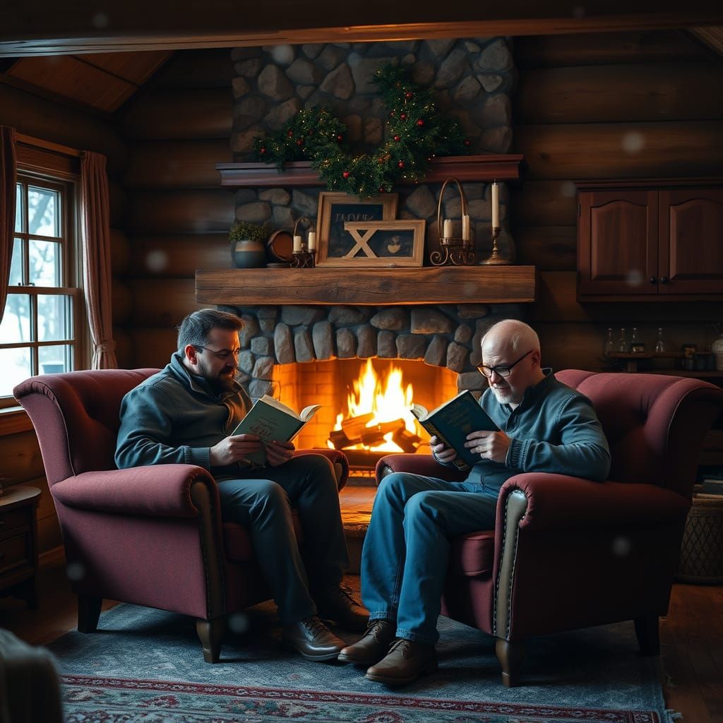 Cozy Winter Cottage Scene with Men by Fireplace