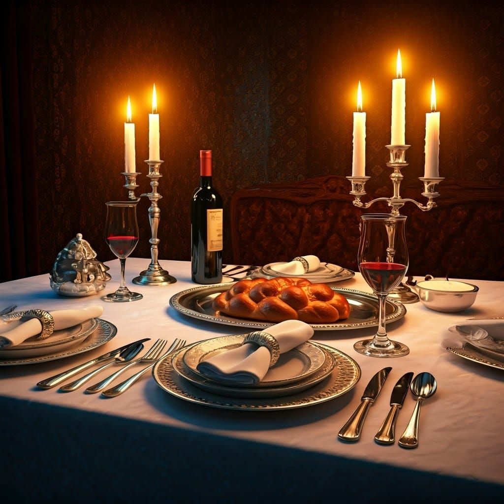 Elegant Shabbat Table Setting in Hyperrealistic Style