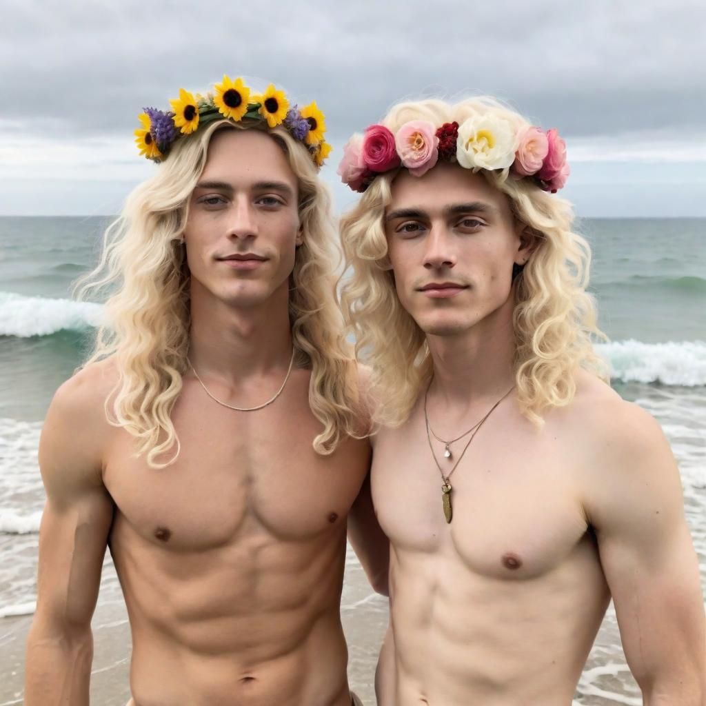 Mermen Emerge from Sea to Gather Flowers
