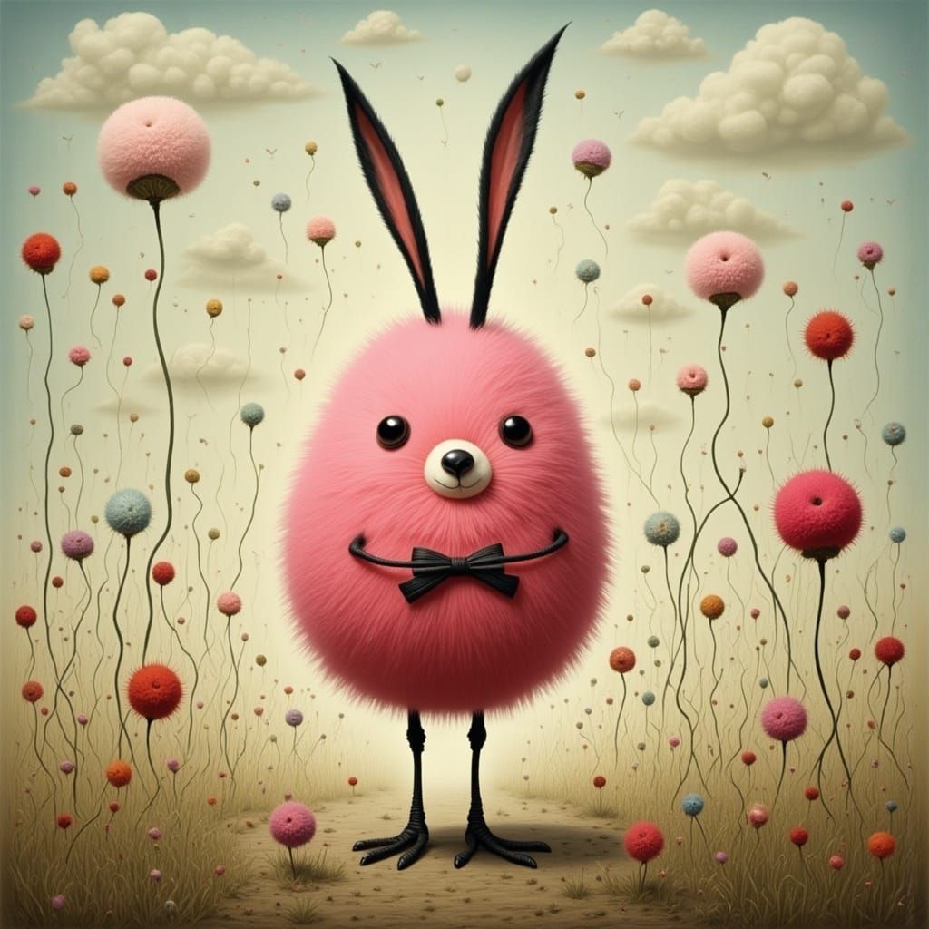Pink Cottonball Bunny in Surrealist Style
