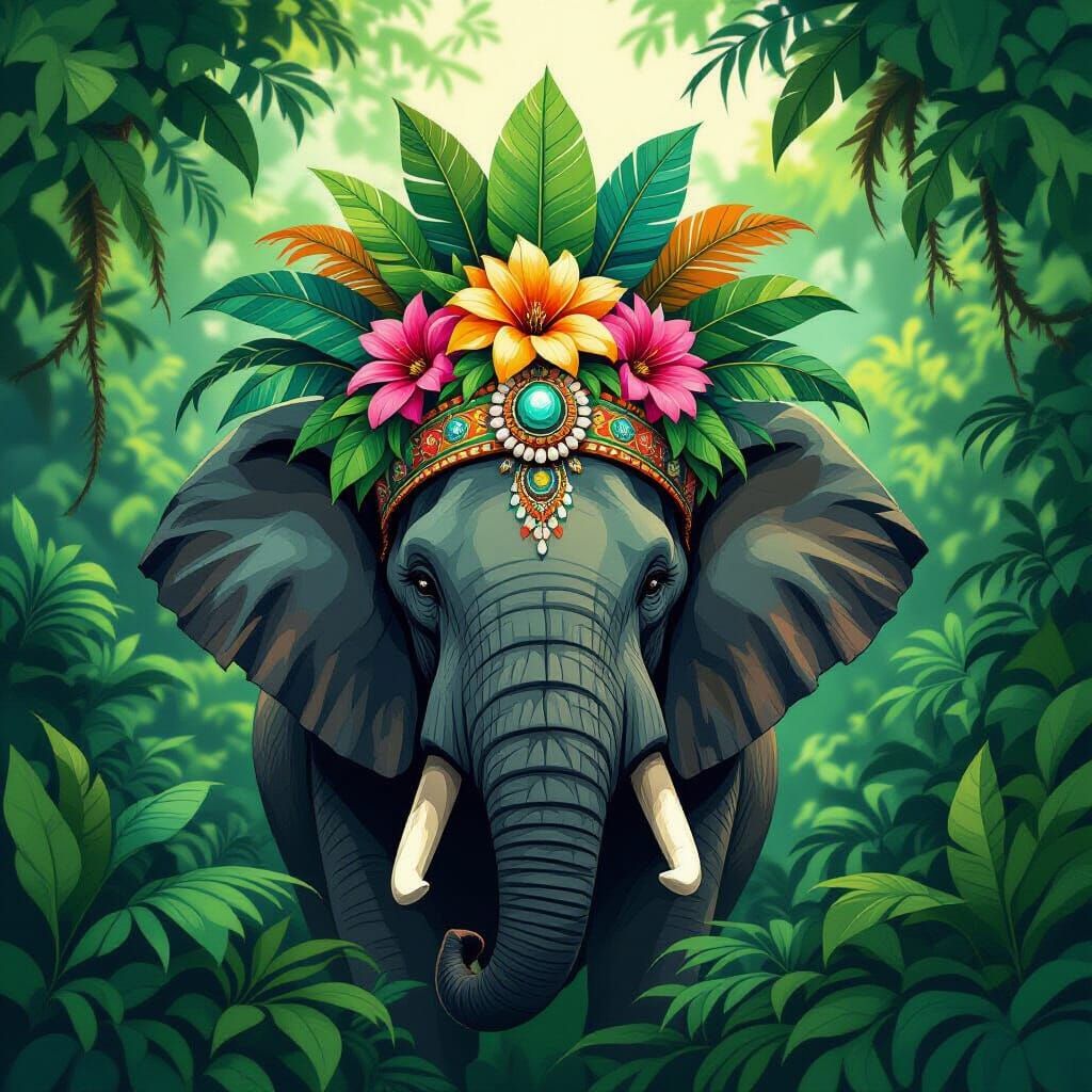 Elephant in Jungle Headdress, Painterly Style