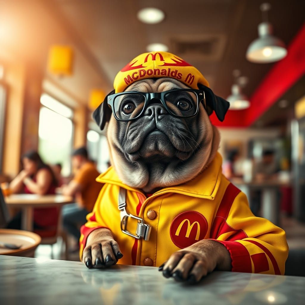 Stylish Pug in McDonald's Outfit, Inspired by Vintage and Mo...