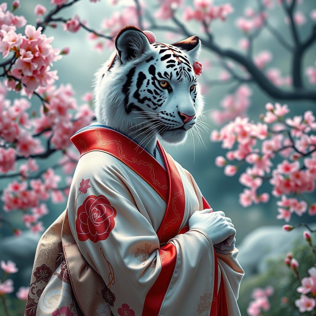 White Tiger Geisha Goddess in Japanese Garden