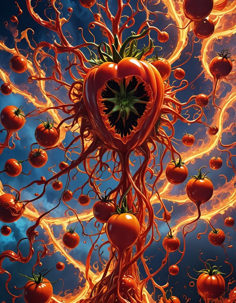 Surreal Flying Tomato Unleashes Inferno-Power: Neon Digital ...