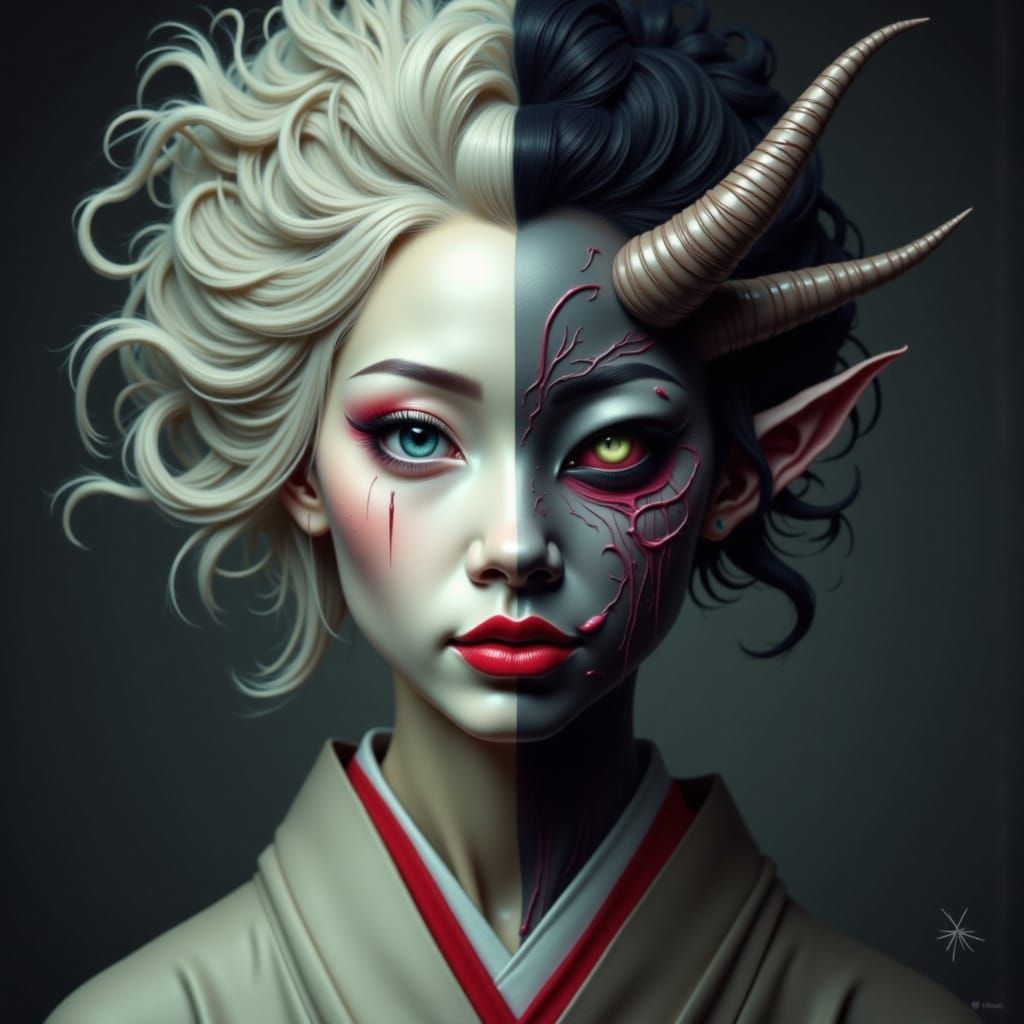 Geisha and Akumu Demon Split Portrait