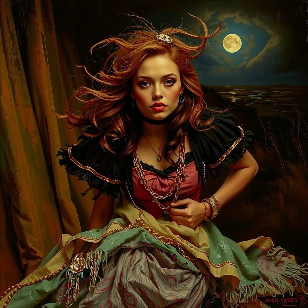 Glamorous Woman on Windswept Moor at Twilight in Oil Paintin...