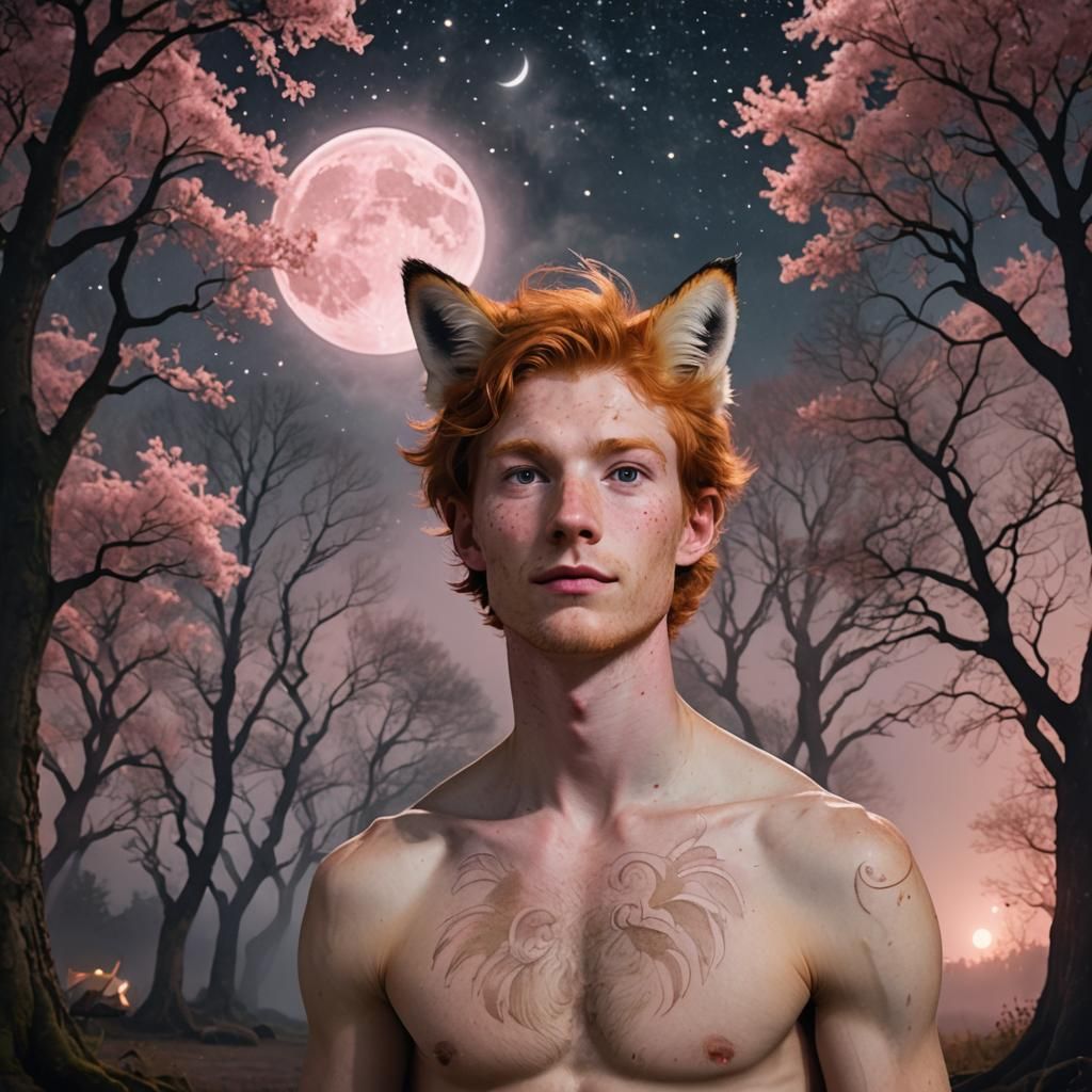 Fox-Eared Man Camping Under Pink Moon, Anime Art