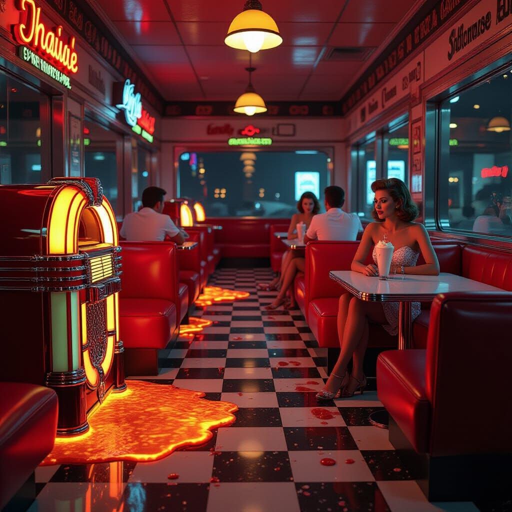 1950s Diner Melts in Lava: A Surreal Scene