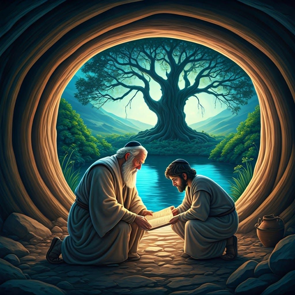 Jewish Scholars Studying Ancient Texts in Cave