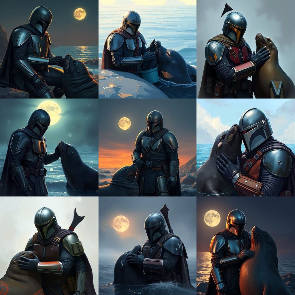 The Mandalorian Petting a Navy Blue Seal