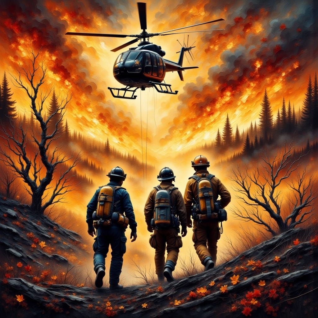 Firefighters Leap from Helicopter into Wildfire Painting