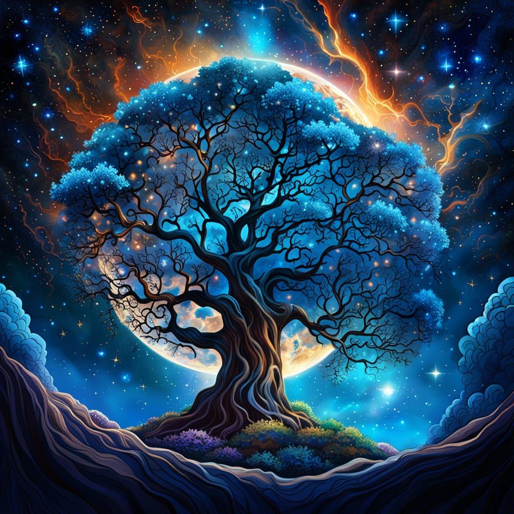 Celestial Oak Tree with Nebula, Digital Matte Painting