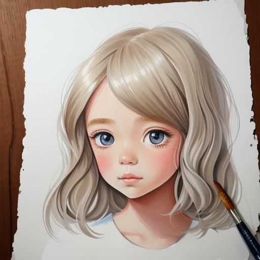 Cute Girl with Creamy Hair: Gouache Painting