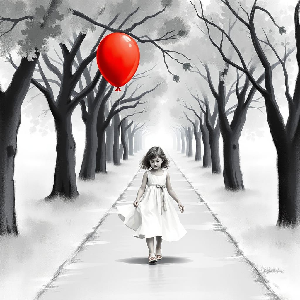 Girl with Red Balloon in Black and White World