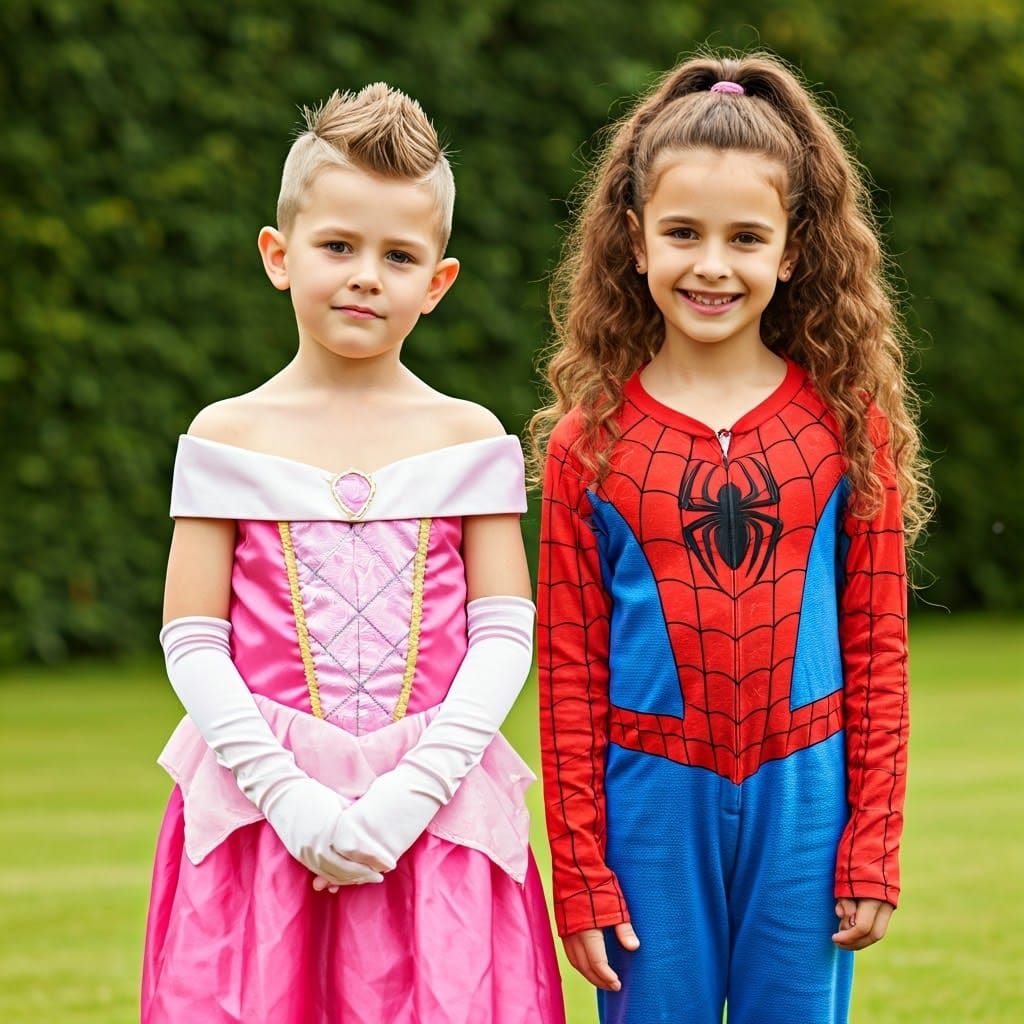 Boy in Princess Dress with Girl in Spider-Man Costume