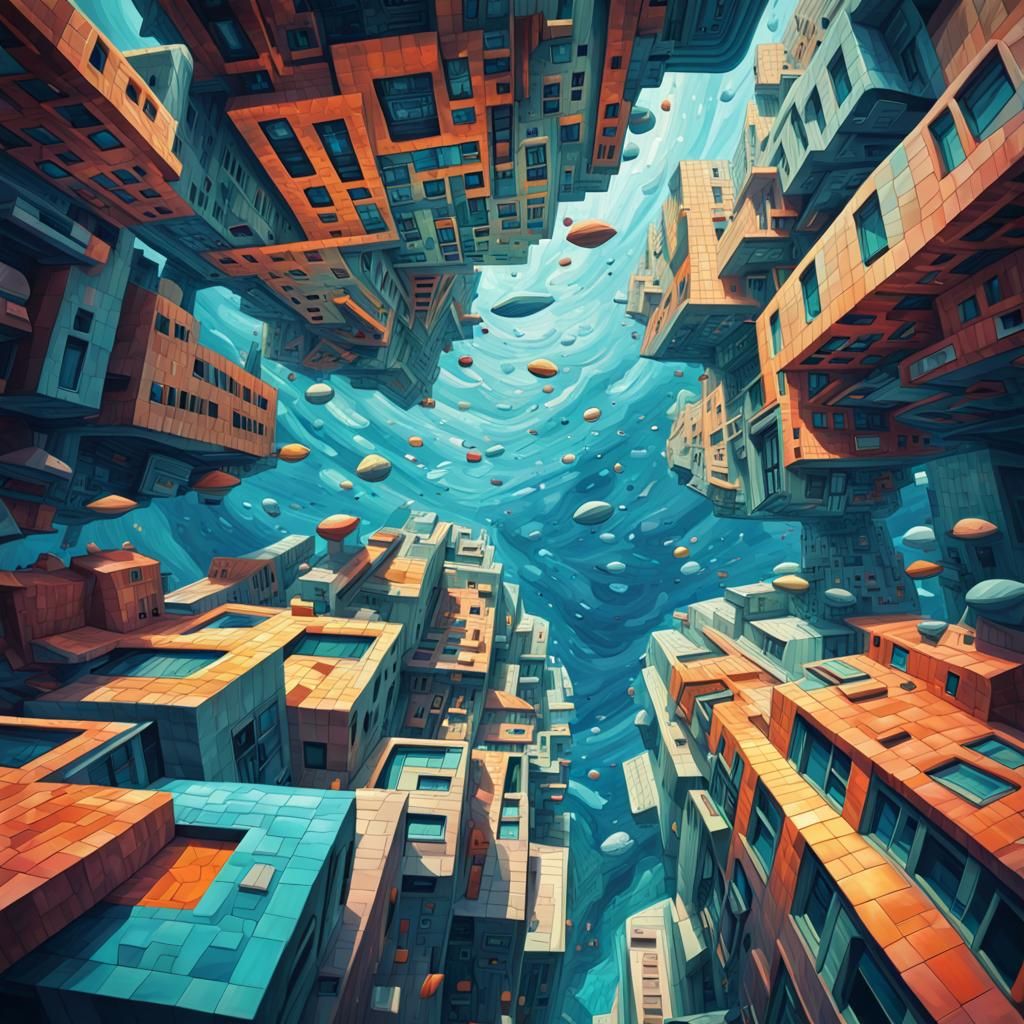 Hyperrealistic Underwater City in Cubist Art Deco Style