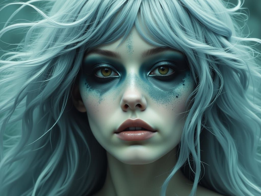 Ethereal Figure with Detailed Anatomy in Grey, Blue, and Amb...