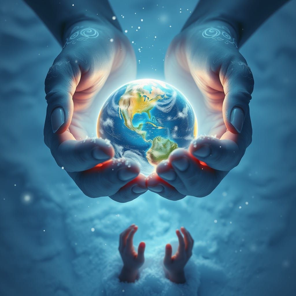 Ethereal Hands Cradle Glowing Globe in Serene Winter Wonderl...