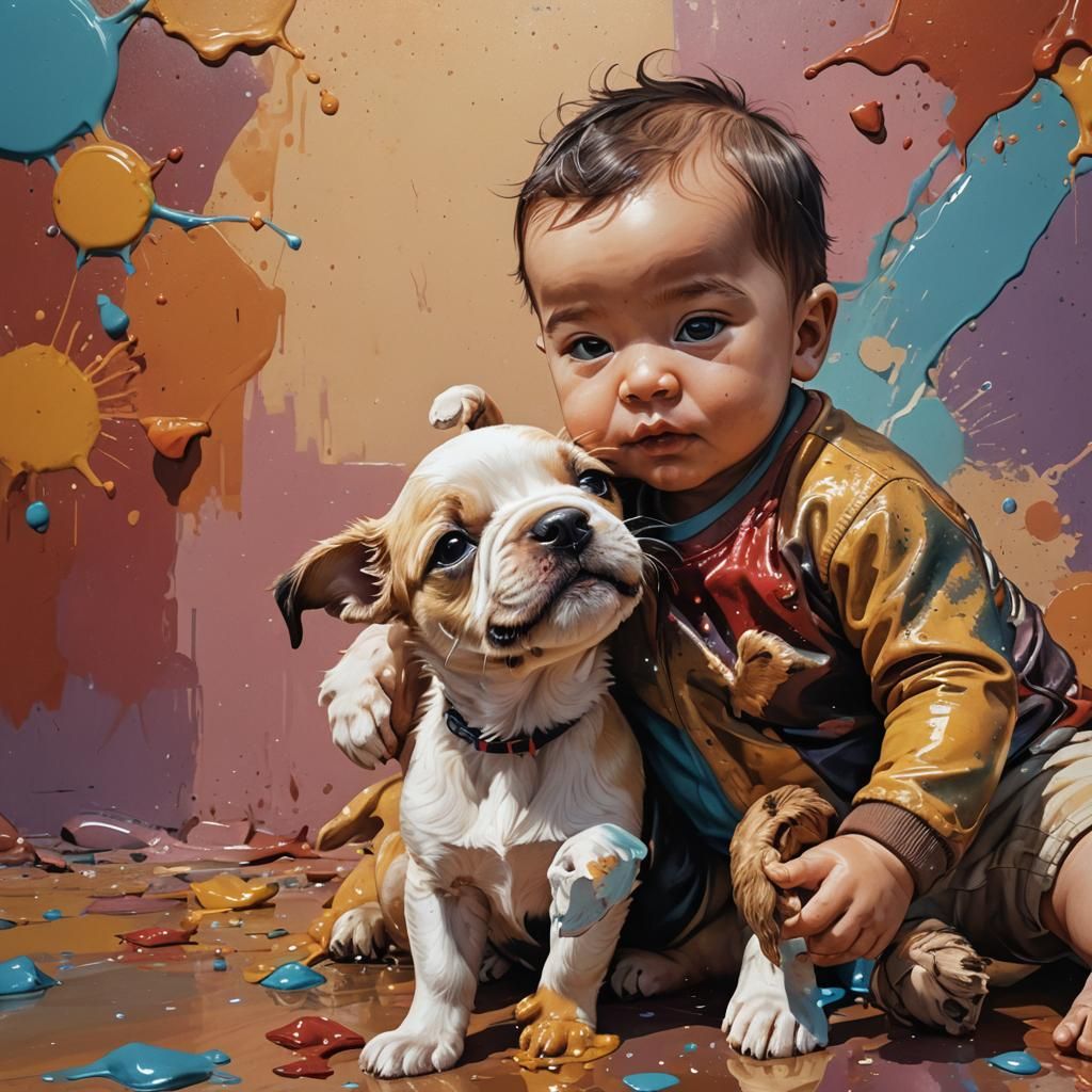 Hyperrealistic Baby and Puppy Portrait