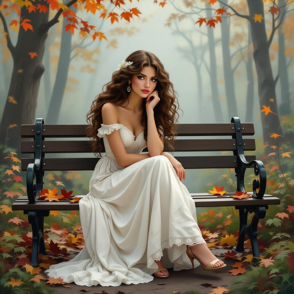 Sad Woman in Misty Forest Bench, Autumn Leaves