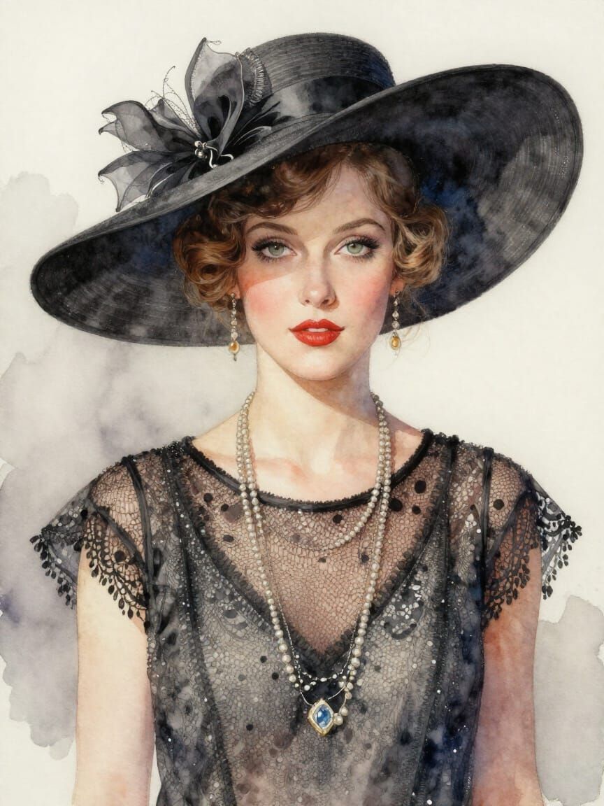 Watercolor Portrait of 1920s Flapper Woman