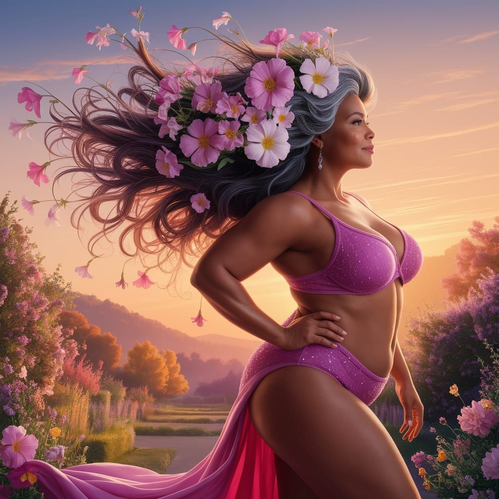 Empowered Woman Blossoms in Sunset Garden