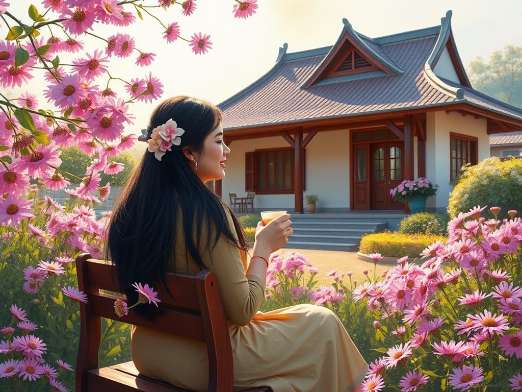 Elegant Vietnamese Home Amidst Blooming Aster Garden in Whim...