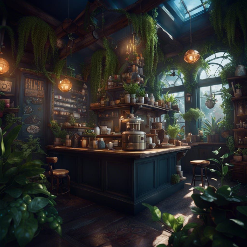 Magic Coffee Shop with Plants in Detailed Digital Painting